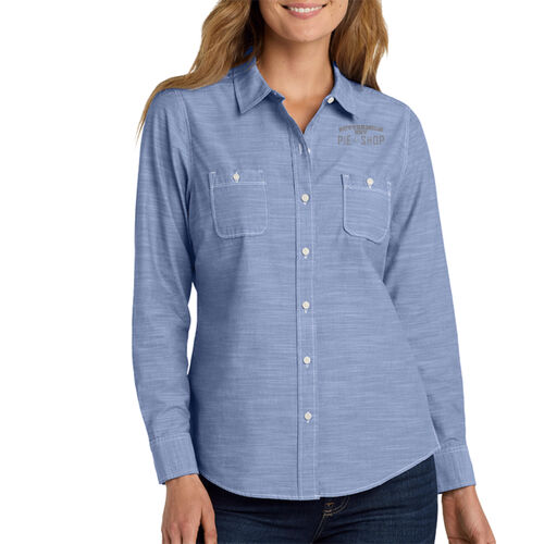 BSP embroidered gray flat blue star logo - Ladies Slub Chambray Shirt Thumbnail